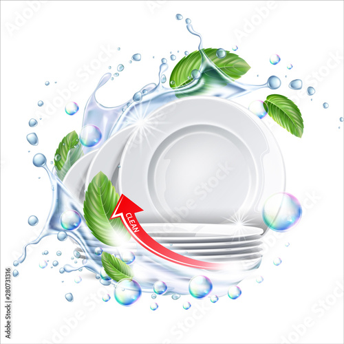 Stack of clean plates in water splash with green leaves for dishwashing detergent ad. Vector restaurant dishes mockup. Realistic dishware in liquid explosion, stacked kitchen tableware. photo