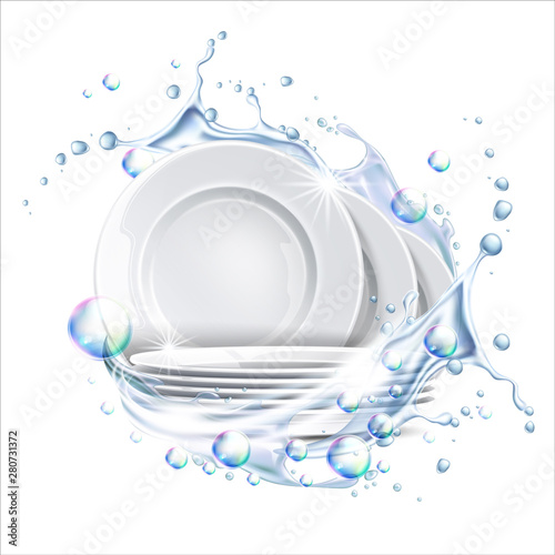 Stack of clean plates in water splash. Vector restaurant dishes mockup. Realistic dishware in liquid explosion, stacked kitchen tableware. Ceramic dishes pile. Isolated illustration photo