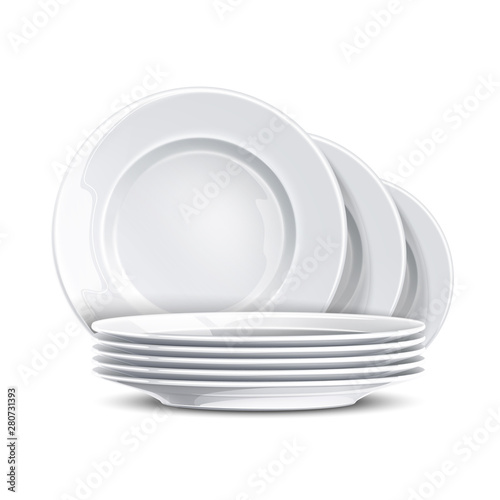 Stack of clean plates. Vector restaurant dishes mockup. Realistic dishware, stacked kitchen tableware. Ceramic dishes pile. Isolated illustration photo