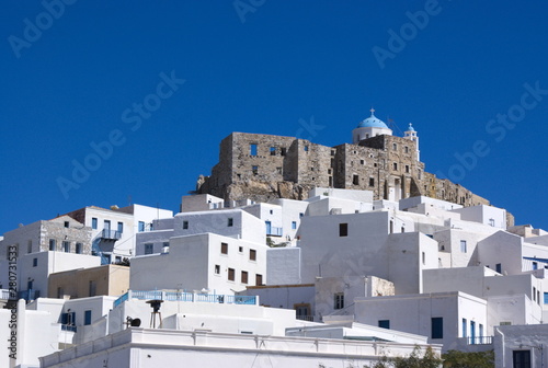 Greece, the island of Astypaleia. A view of the old town, the Hora, and the Querini castle. Old churches at the hill top.