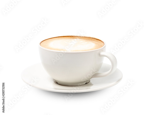 White cup of coffee cappuccino isolated on white background with clipping path.