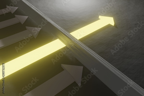 Glowing arrow breaking through wall on concrete background. Breakthrough and success concept. 3D Rendering 