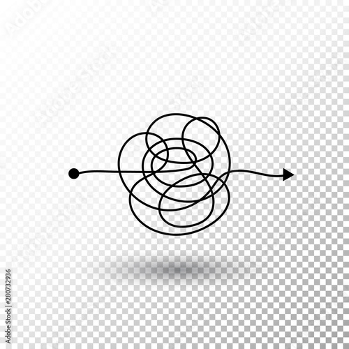 Messy line complicated clew way with transparent shadow Tangled scribble vector path Chaotic difficult process way illustration
