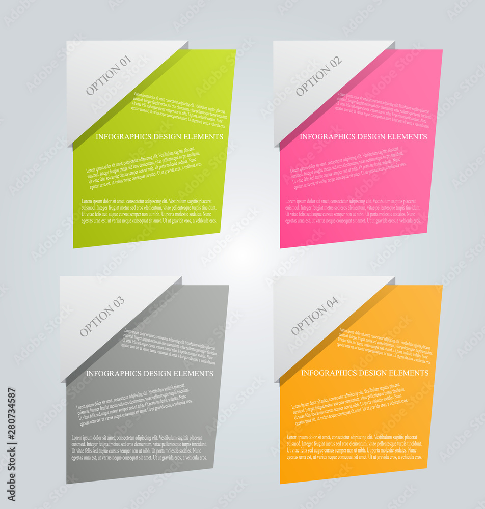 Infographics template. Business banner design for flyer, brochure, report, presentation, book, magazine, education.  Vector illustration. Green, pink, grey, and orange color.