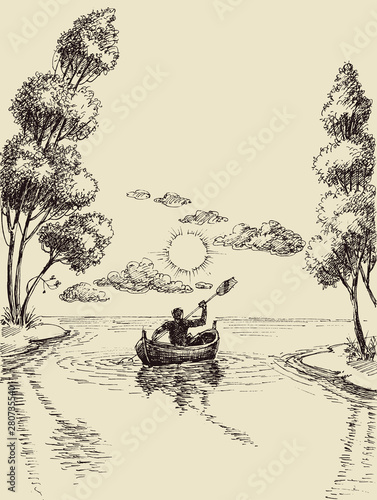 Sketch of a kayaker on the river towards the sunrise