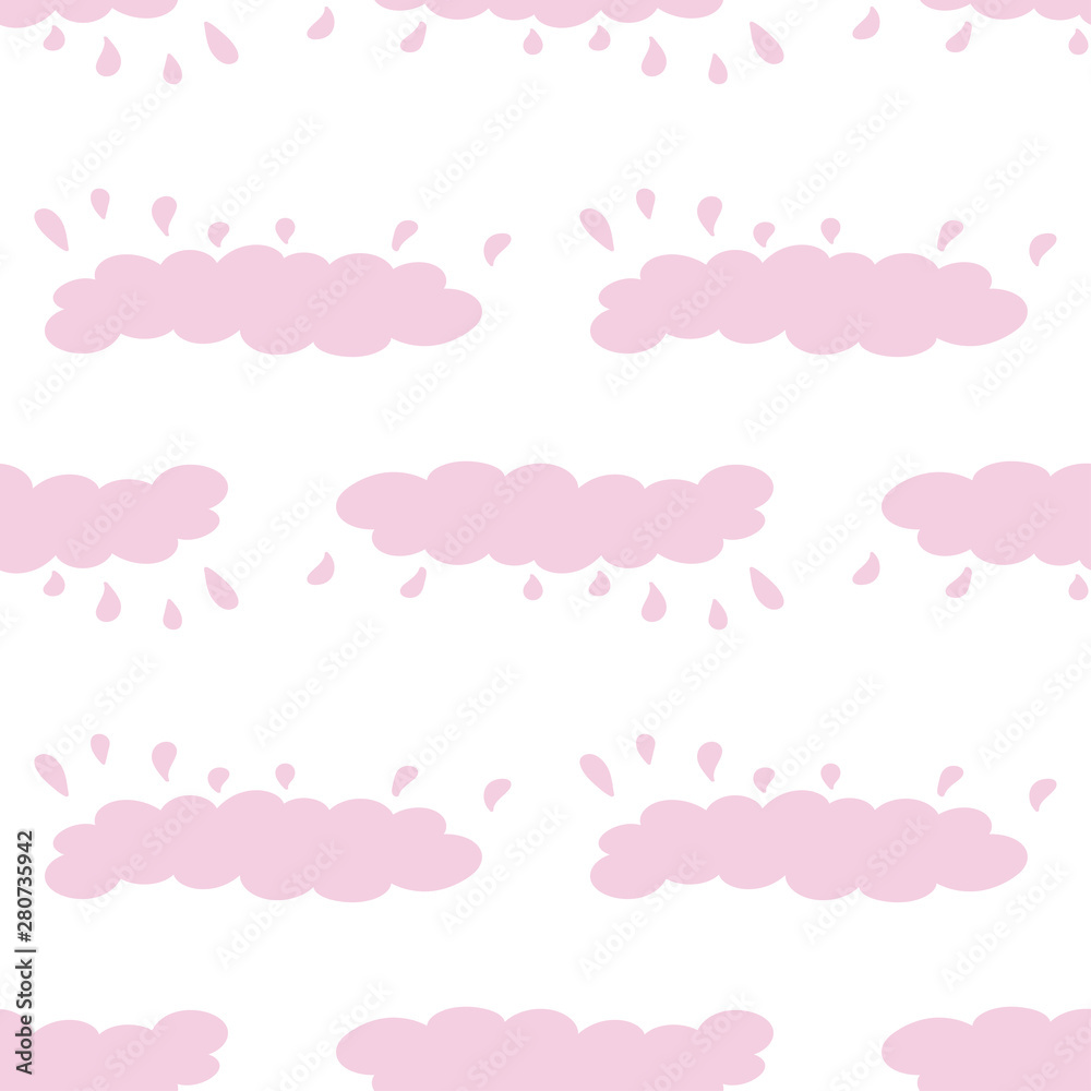 Seamless pattern of clouds in cartoon style with rain drops.