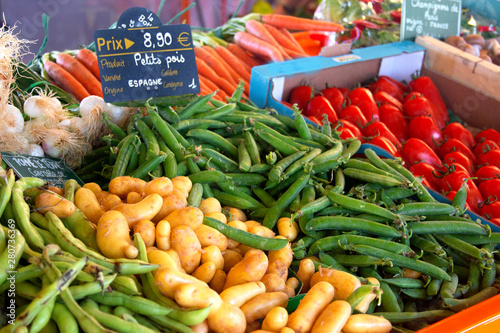 Variety of fresh organic vegetables on farmer market
