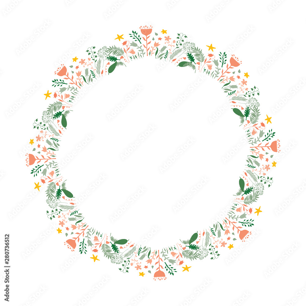 Vector beautiful wreath with flowers, leaves and cartoon style clouds with water drops. Design for invitation, wedding, stickers, posters, greeting cards