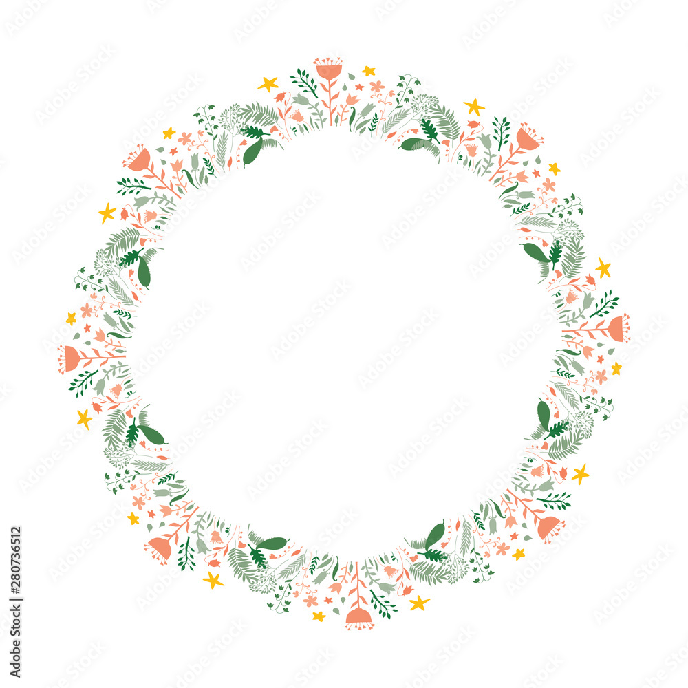 Vector beautiful wreath with flowers, leaves and cartoon style clouds with water drops. Design for invitation, wedding, stickers, posters, greeting cards Vector beautiful wreath with flowers, leaves and cartoon style clouds with water drops. Design for invitation, wedding, stickers, posters, greeting cards