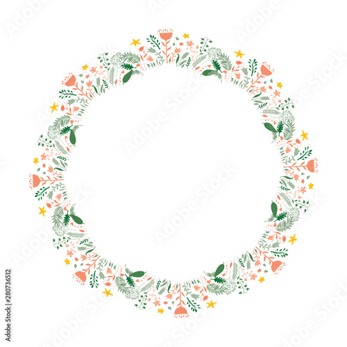 Fototapeta Naklejka Na Ścianę i Meble -  Vector beautiful wreath with flowers, leaves and cartoon style clouds with water drops. Design for invitation, wedding, stickers, posters, greeting cards