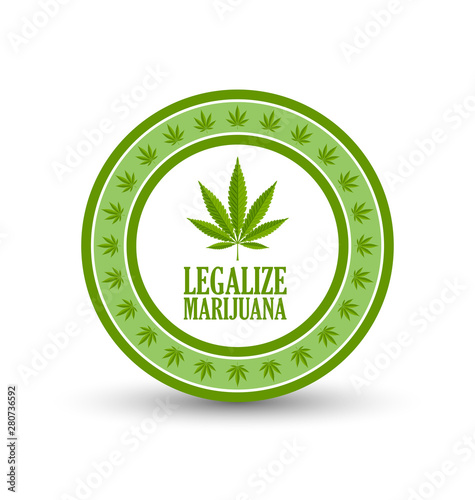 Green legalize marijuana hemp (Cannabis sativa or Cannabis indica) leaf icon or badge on white background