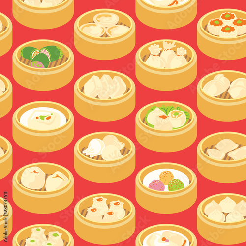 Seamless vector pattern with Asian food Dim Sum. Hand drawn Yang cha illustration.