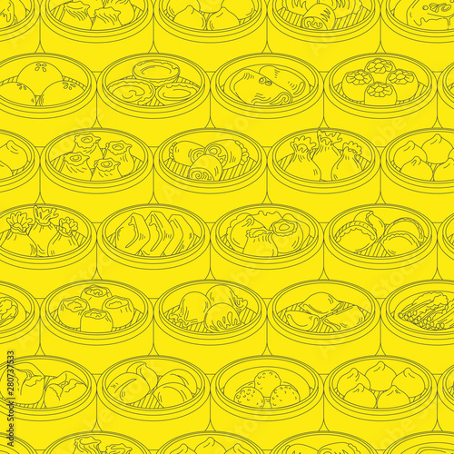 Seamless vector pattern with Asian food Dim Sum. Hand drawn Yang cha illustration.