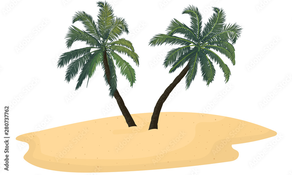 Isolated sand island with two palm trees, vector art illustration. - obrazy, fototapety, plakaty 