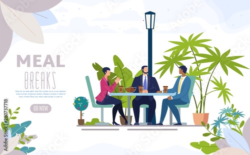 Meal Break in Street Cafe Flat Vector Web Banner