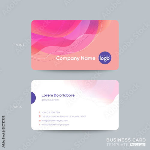 modern business card, membership card, club card design template with abstract pink fluid circle shape with vivid colors gradient on old rose pastel color background