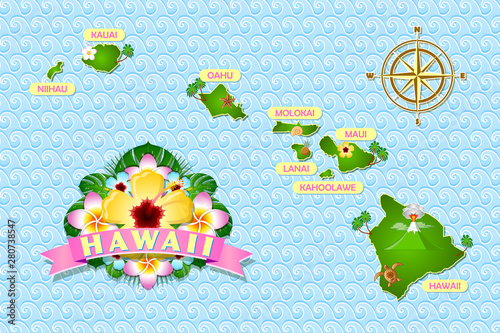 Rough and not detailed Hawaiian islands on the waves of Pacific ocean with traditional folk floral decoration sign.