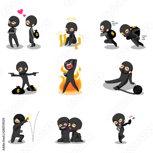 Robbers kawaii characters collection. Couple of criminals in various situations.