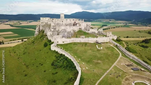 Aerial view of Spis (Spiš, Spišský) castle in summer, second biggest castle in Middle Europe, Unesco Wold Heritage, Slovakia