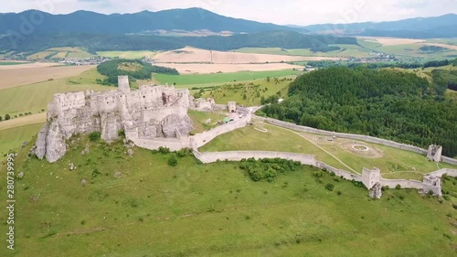 Aerial view of Spis (Spiš, Spišský) castle in summer, second biggest castle in Middle Europe, Unesco Wold Heritage, Slovakia