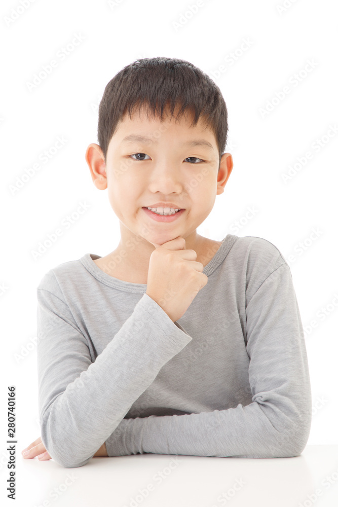 Happy Cute Asian Boy Portrait isolated on White Background.