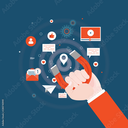 Online digital media magnet and influencer. Vector background illustration concept for popularity, likes, comments, followers.