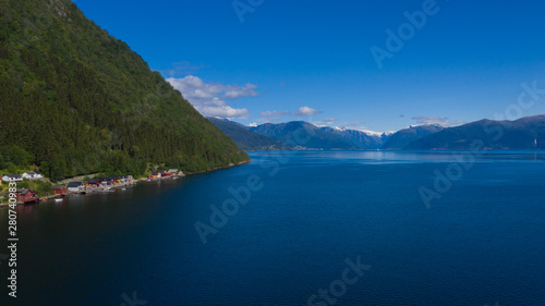 Vik, Norway - july, 2019: Vik port, Vik is a municipality in Sogn og Fjordane county. It is located on the southern shore of the Sognefjorden in the traditional district of Sogn. Aerial(drone) photo.