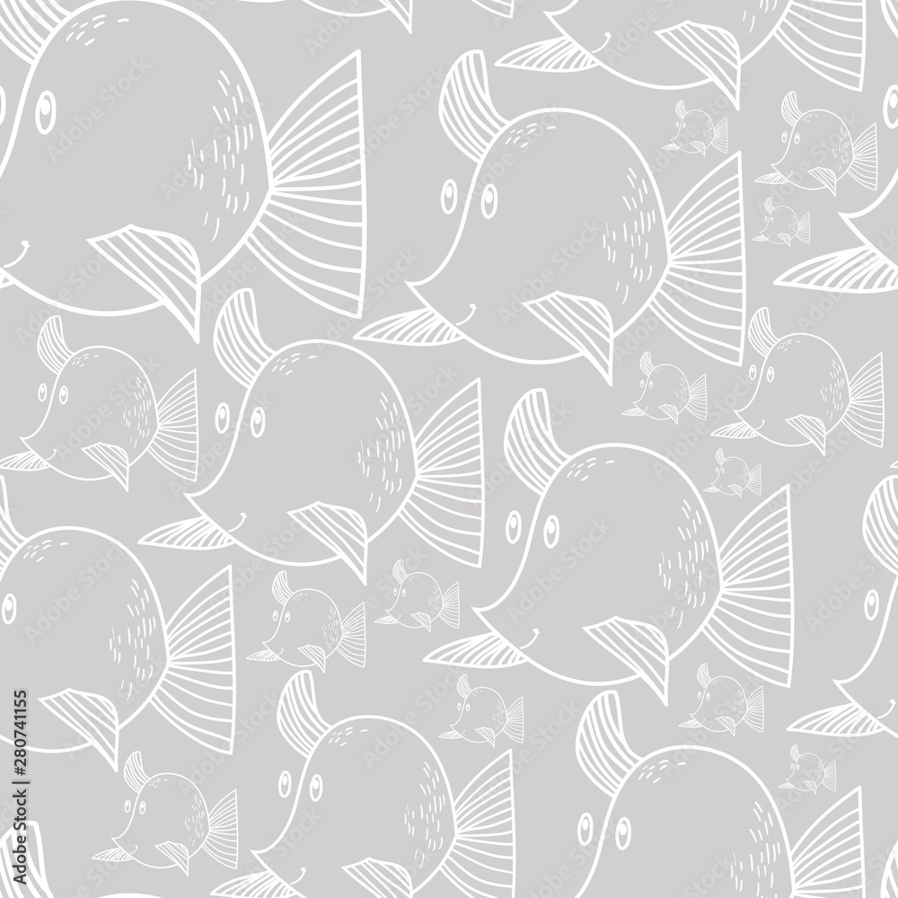 Obraz premium Fish, silhouette, linear drawing, seamless pattern, vector illustration