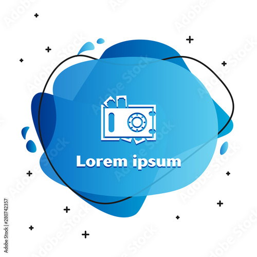 White Safe and money icon isolated on white background. The door safe a bank vault with a combination lock. Reliable Data Protection. Abstract banner with liquid shapes. Vector Illustration