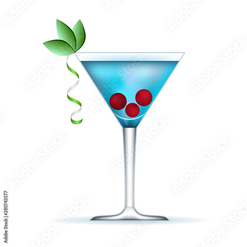 Cold blue cocktail with red berries on a white background.