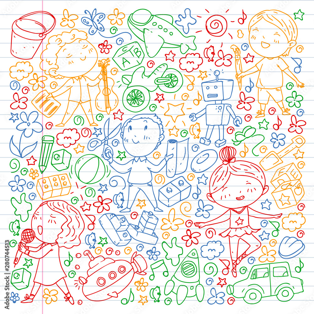 Painted by hand style pattern on the theme of childhood. Vector illustration for children design. Drawing on exercise notebook in colorful style.