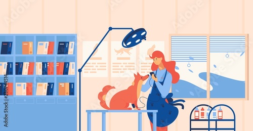 Vet doctor and dog in veterinary clinic cabinet testing blood pressure of pet. Interior concept scene drawn in flat style in bright blue and orange colors