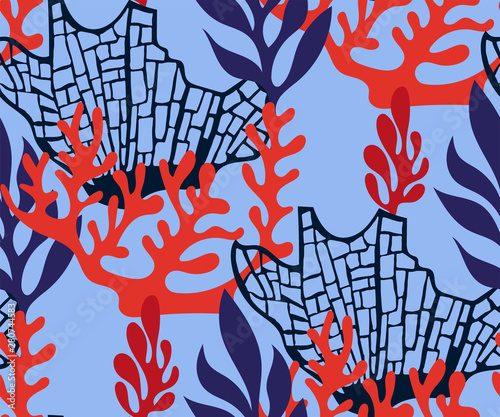 Hand drawn underwater natural ocean elements. Seamless pattern with reef corals. Vector sketch