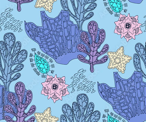 Hand drawn underwater natural ocean elements. Seamless pattern with reef corals. Vector sketch