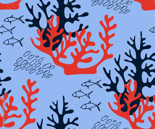 Hand drawn underwater natural ocean elements. Seamless pattern with reef corals. Vector sketch