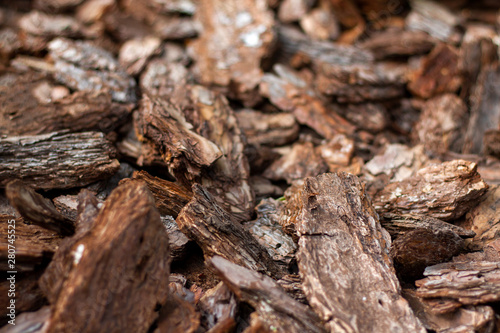 Pine mulch bark texture for decorating flower beds close-up. Soft focus.