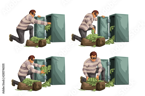 thief taking cash from safe in set
