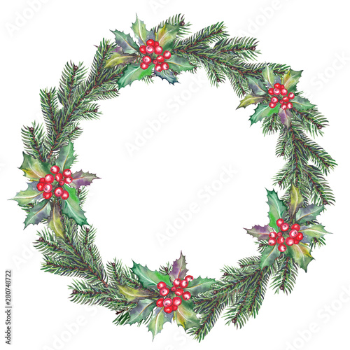 Christmas wreath with red holly berries and green fir branches. Watercolor illustration isolated on white background.