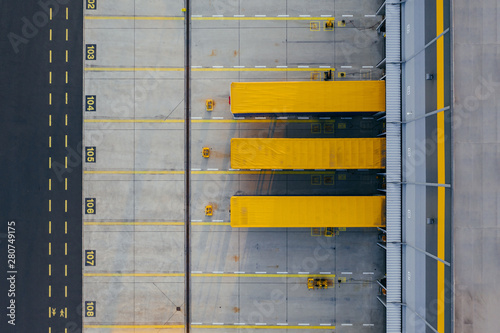 Aerial view of the distribution center, drone photography of the industrial logistic zone.
