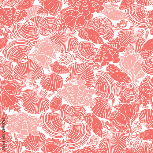Vector coral pink repeat pattern with variety of overlaping seashells. Perfect for fabric, scrapbooking, wallpaper projects.
