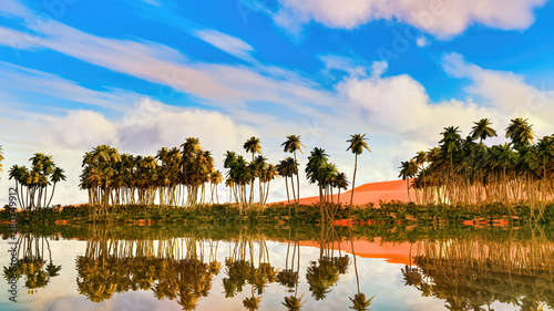 Palm trees near oasis in Africa 3d rendering photo
