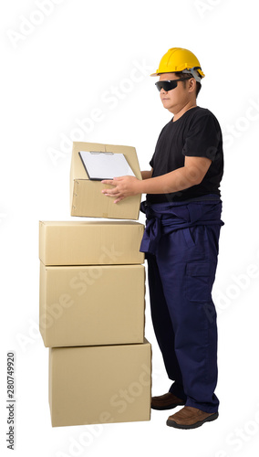 worker in Mechanic Jumpsuit with stack of boxes and Checking Products isolated on white background © sirastock