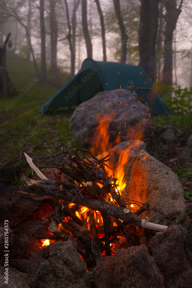 Mountain summer. Bonfire in forest, tent Mountain summer. Bonfire in forest, tent