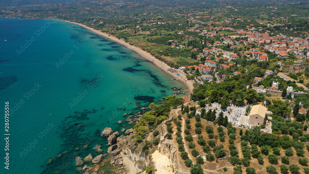 Aerial drone photo of iconic medieval castle and small picturesque village of Koroni, Messinia, Peloponnese, Greece