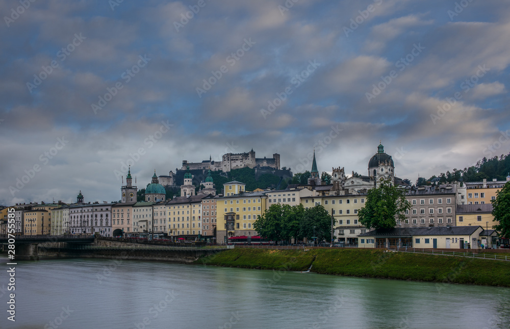 View of the Salzach river  and the old town of Salzburg in Austria