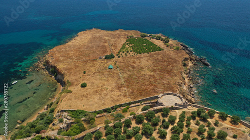 Aerial drone photo of iconic medieval castle and small picturesque village of Koroni, Messinia, Peloponnese, Greece photo