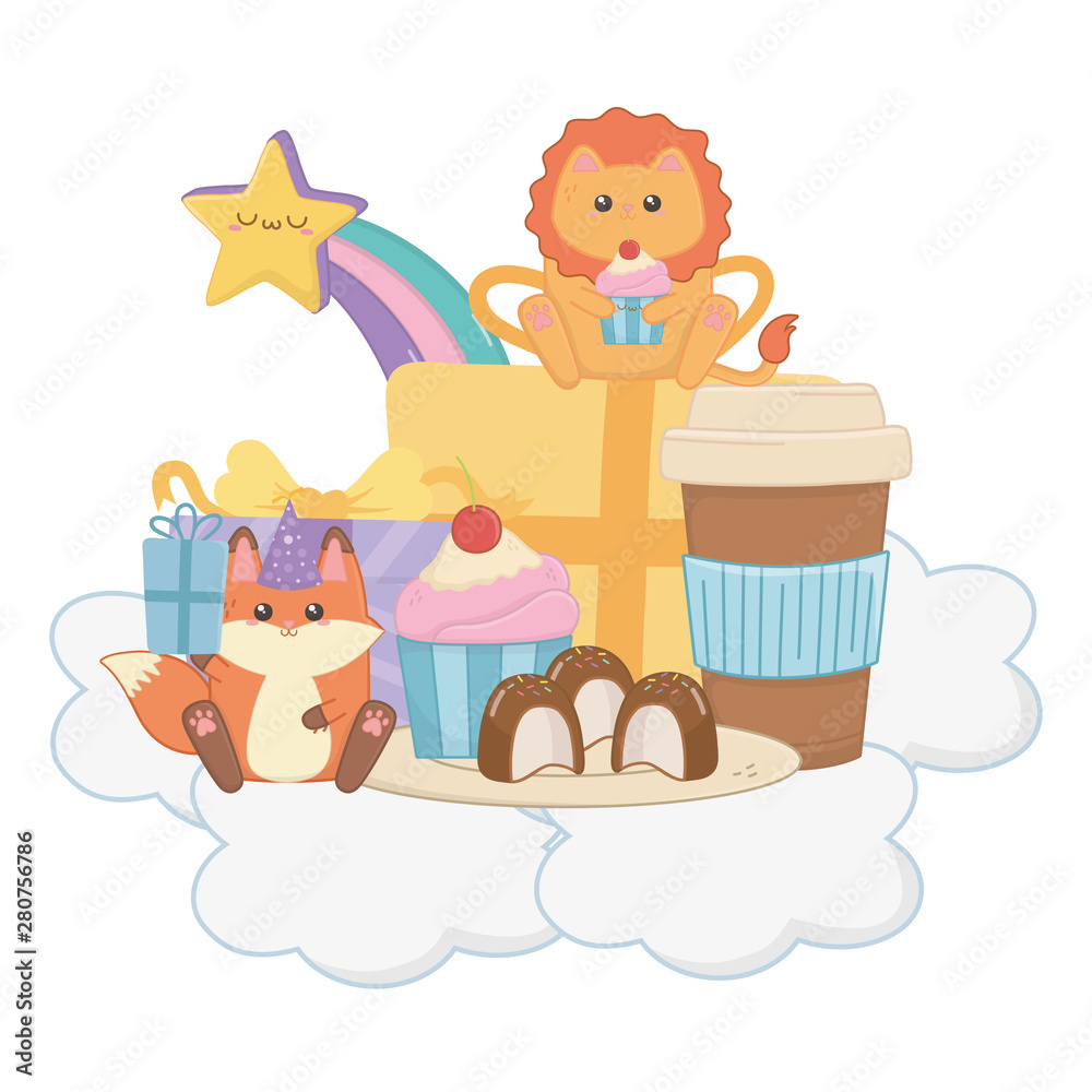 Lion and fox in happy birthday celebration Lion and fox in happy birthday celebration