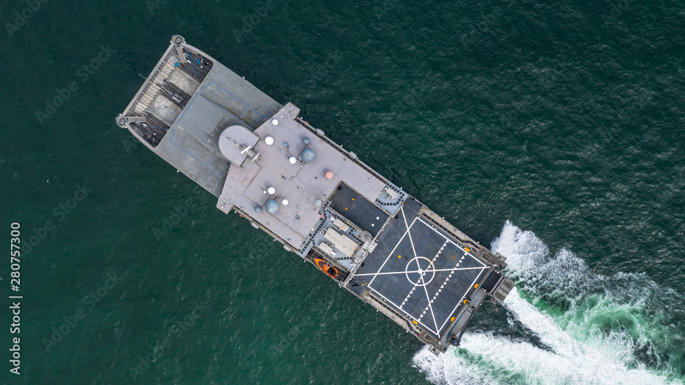 Aerial view navy military ship in the open sea, Aerial view amphibious ship transport.