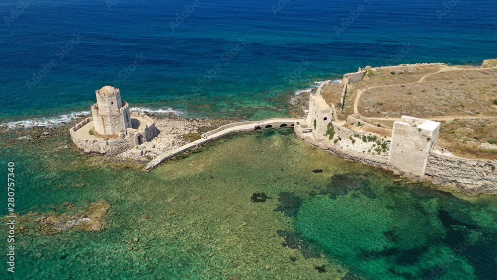 Aerial drone panoramic view of iconic Venetian castle of Methoni and Bourtzi tower on the southwest cape of Messinia, Peloponnese, Greece Aerial drone panoramic view of iconic Venetian castle of Methoni and Bourtzi tower on the southwest cape of Messinia, Peloponnese, Greece