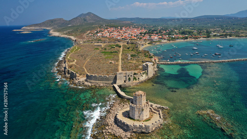 Aerial drone panoramic view of iconic Venetian castle of Methoni and Bourtzi tower on the southwest cape of Messinia, Peloponnese, Greece photo